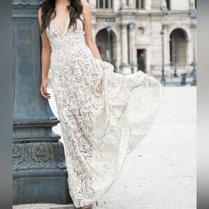 Dress The Population White Gold Melina Lace Maxi Dress Tiered Gown Size XS